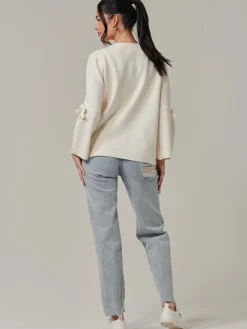 Button Bow Sleeve Knit Cardigan, Oatmeal