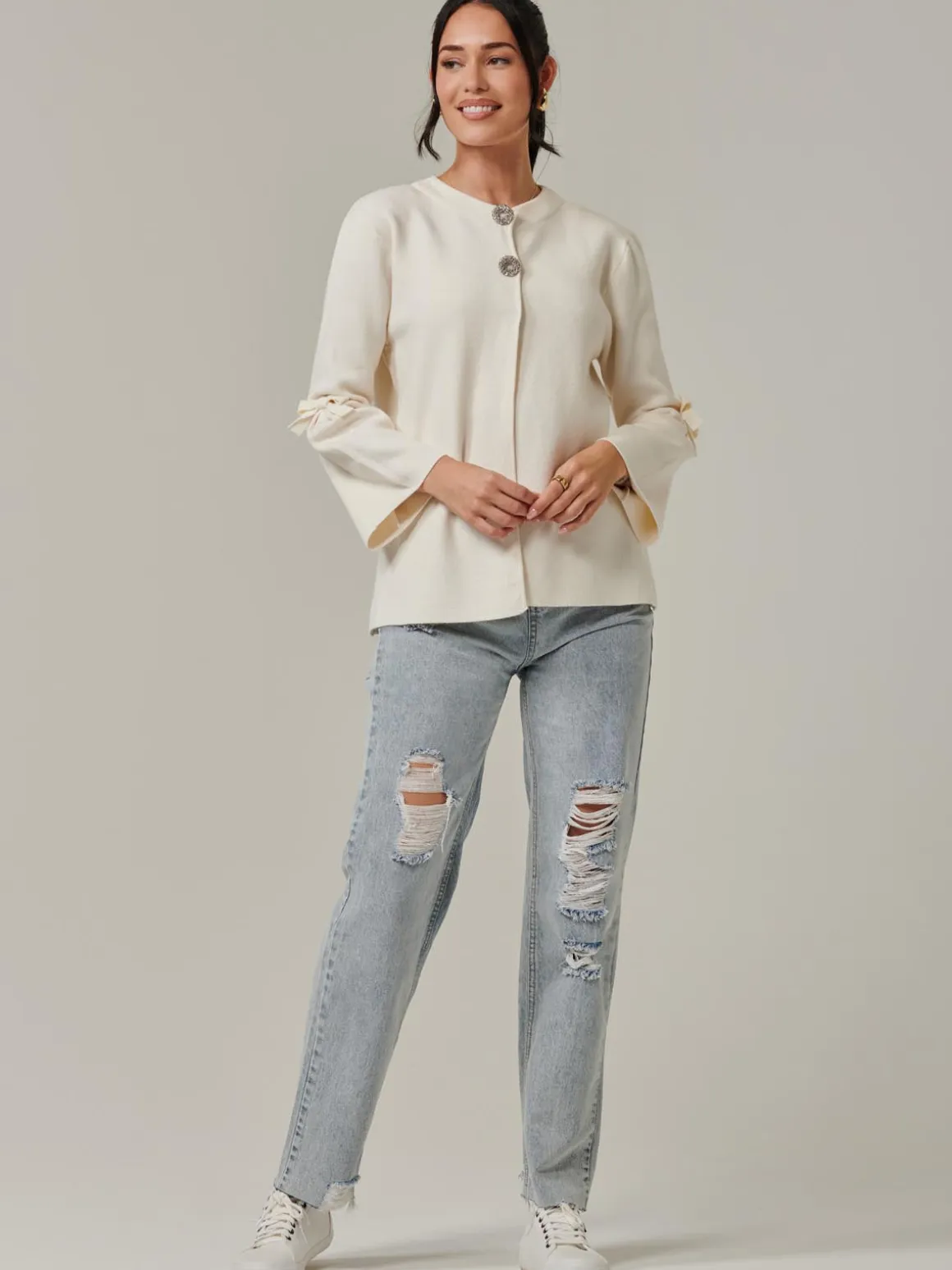 Button Bow Sleeve Knit Cardigan, Oatmeal