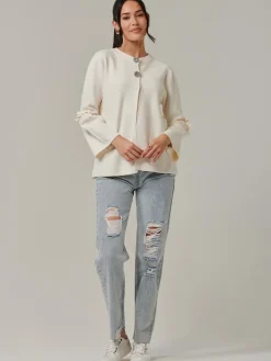 Button Bow Sleeve Knit Cardigan, Oatmeal
