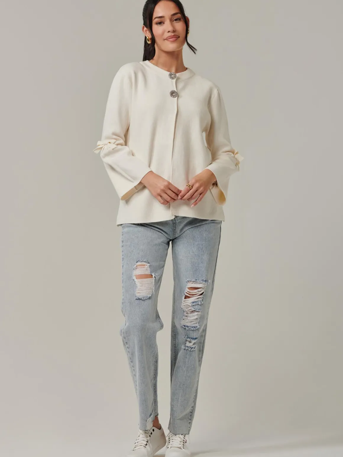 Button Bow Sleeve Knit Cardigan, Oatmeal