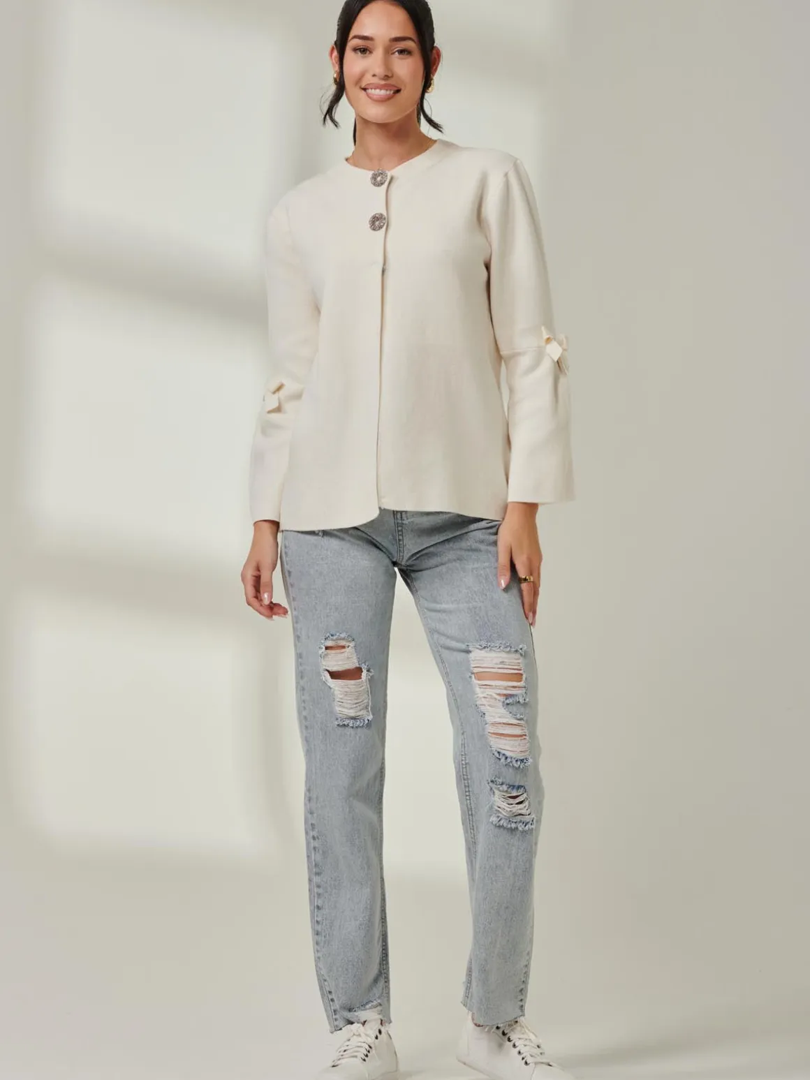 Button Bow Sleeve Knit Cardigan, Oatmeal