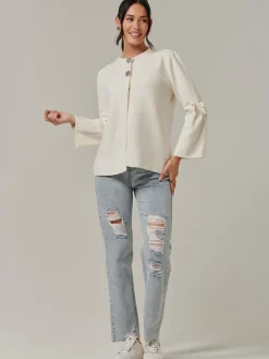 Button Bow Sleeve Knit Cardigan, Oatmeal