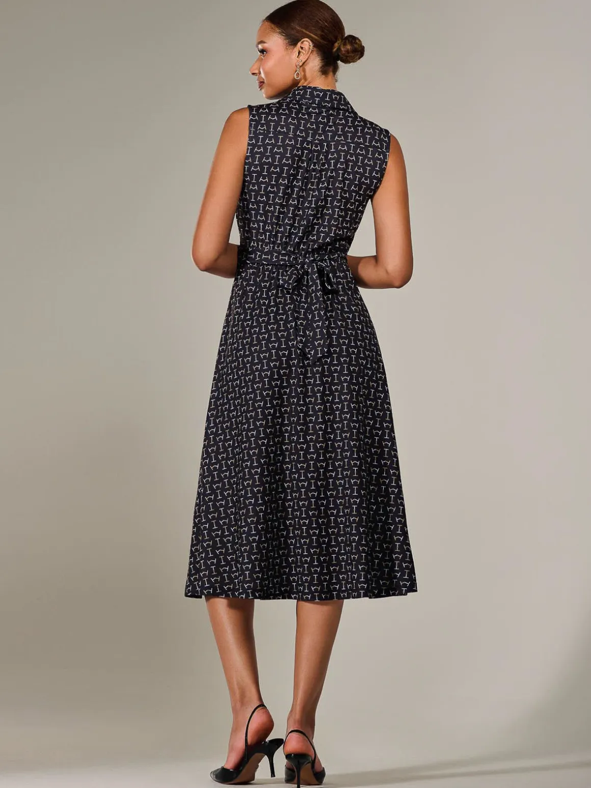 Button Sleeveless Midi Dress, Black Abstract