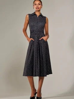 Button Sleeveless Midi Dress, Black Abstract