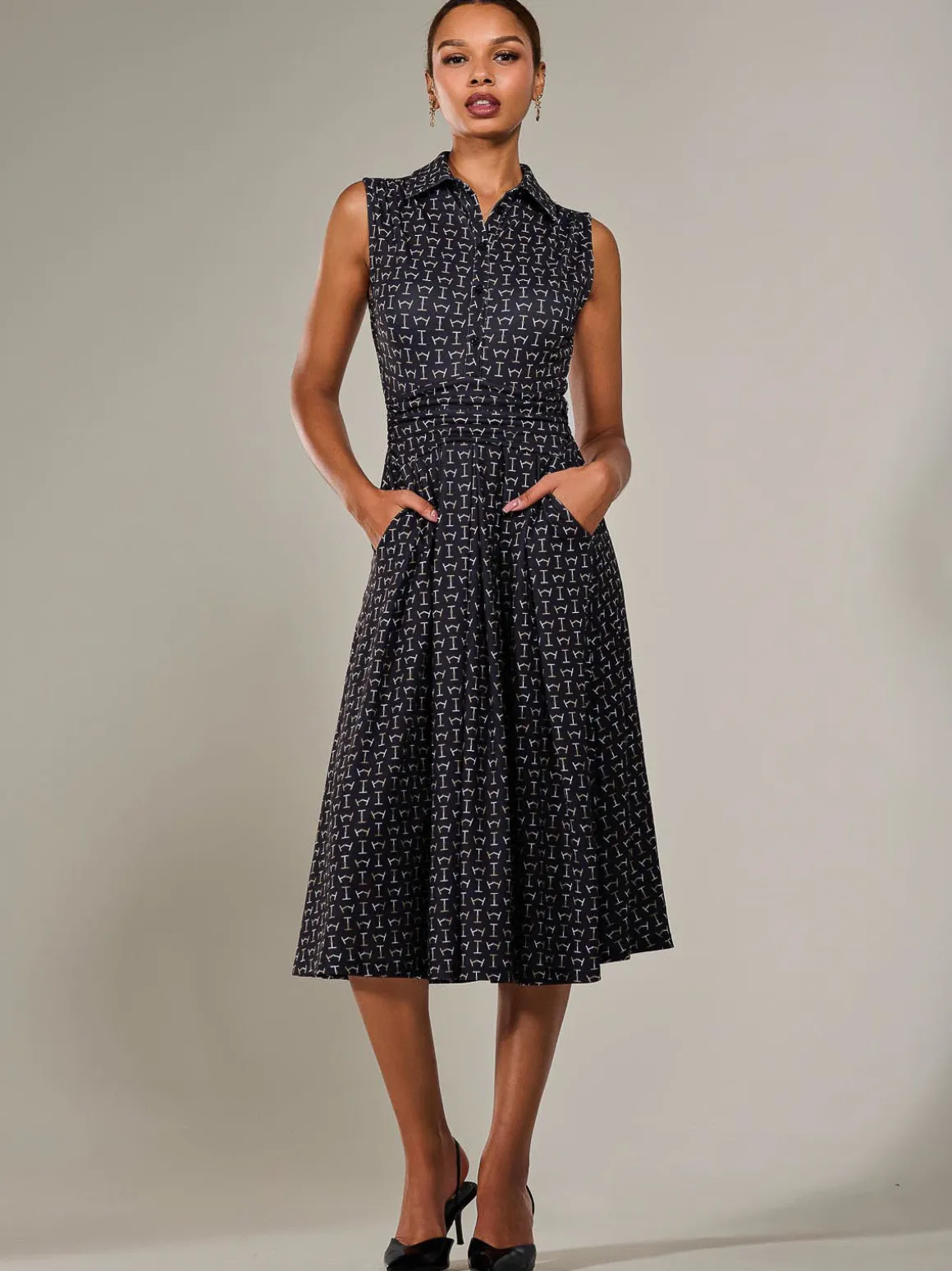 Button Sleeveless Midi Dress, Black Abstract
