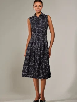 Button Sleeveless Midi Dress, Black Abstract