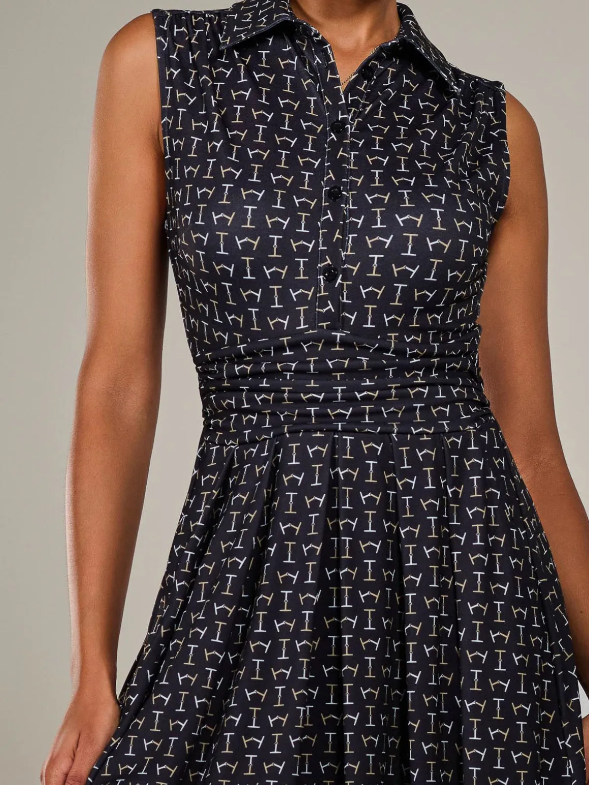 Button Sleeveless Midi Dress, Black Abstract