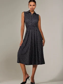 Button Sleeveless Midi Dress, Black Abstract
