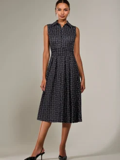 Button Sleeveless Midi Dress, Black Abstract