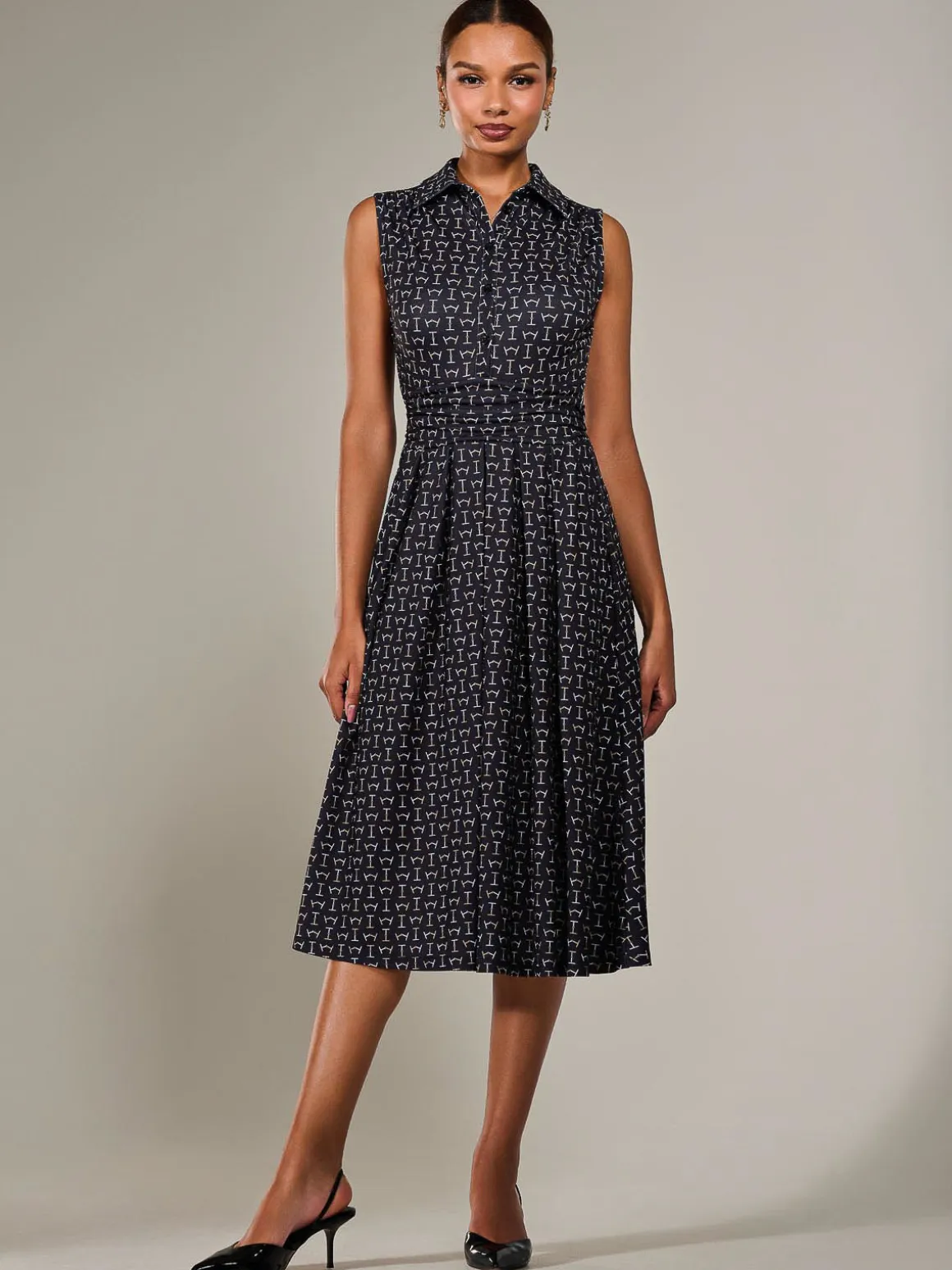 Button Sleeveless Midi Dress, Black Abstract