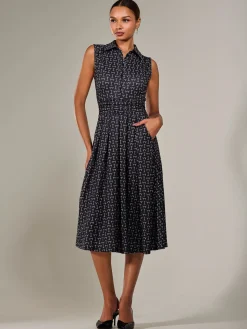 Button Sleeveless Midi Dress, Black Abstract