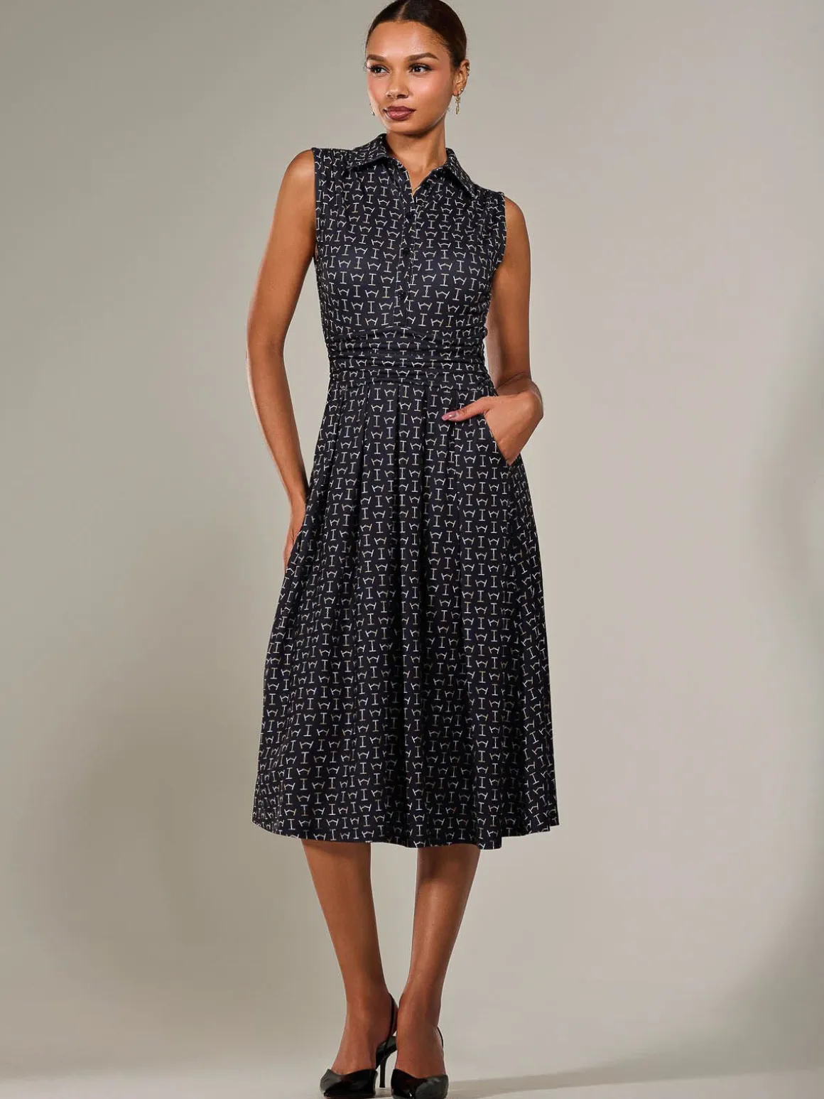 Button Sleeveless Midi Dress, Black Abstract