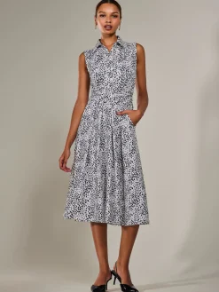 Button Sleeveless Midi Dress, Black Polka