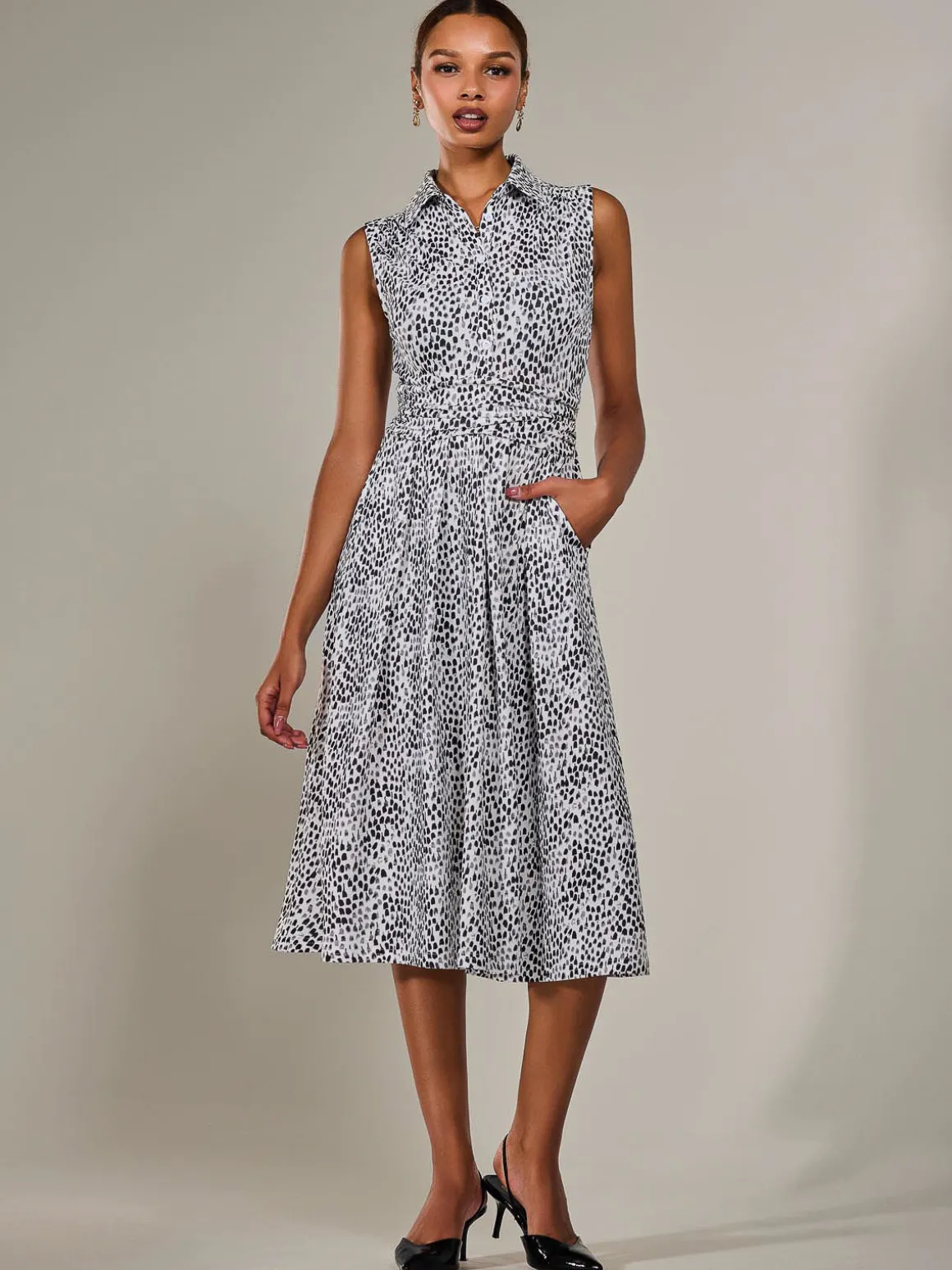 Button Sleeveless Midi Dress, Black Polka