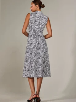 Button Sleeveless Midi Dress, Black Polka