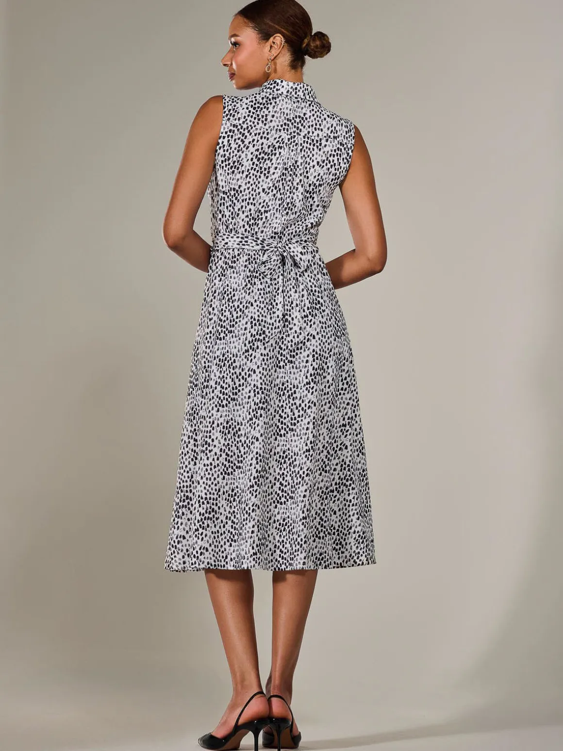 Button Sleeveless Midi Dress, Black Polka