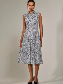 Button Sleeveless Midi Dress, Black Polka