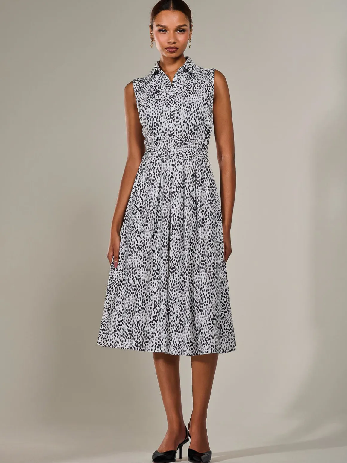 Button Sleeveless Midi Dress, Black Polka