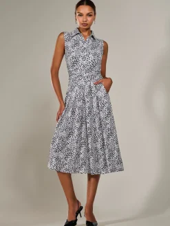 Button Sleeveless Midi Dress, Black Polka
