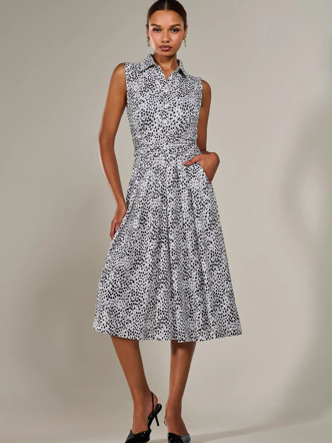Button Sleeveless Midi Dress, Black Polka