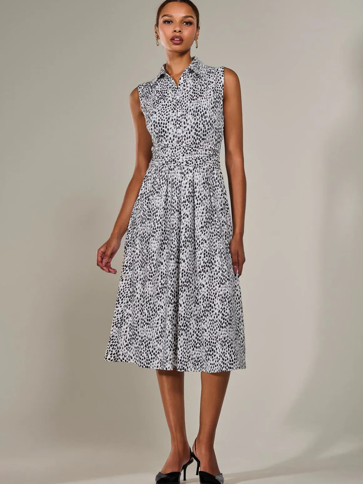 Button Sleeveless Midi Dress, Black Polka