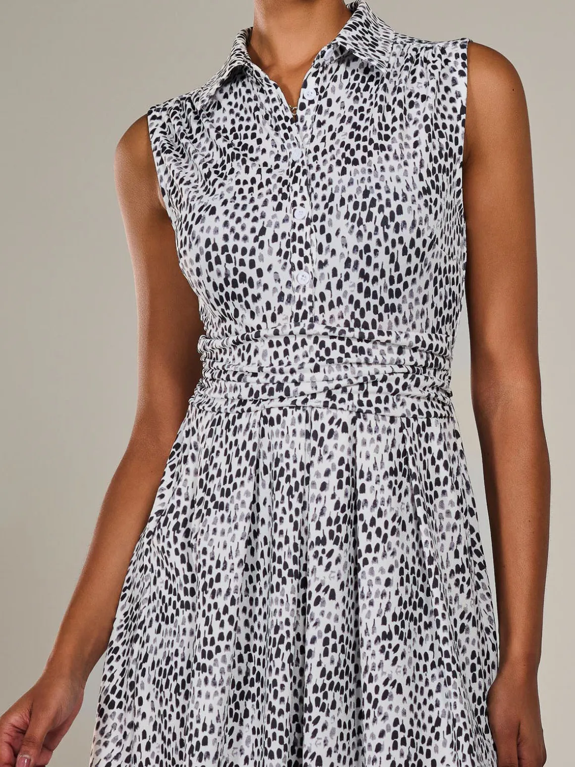 Button Sleeveless Midi Dress, Black Polka