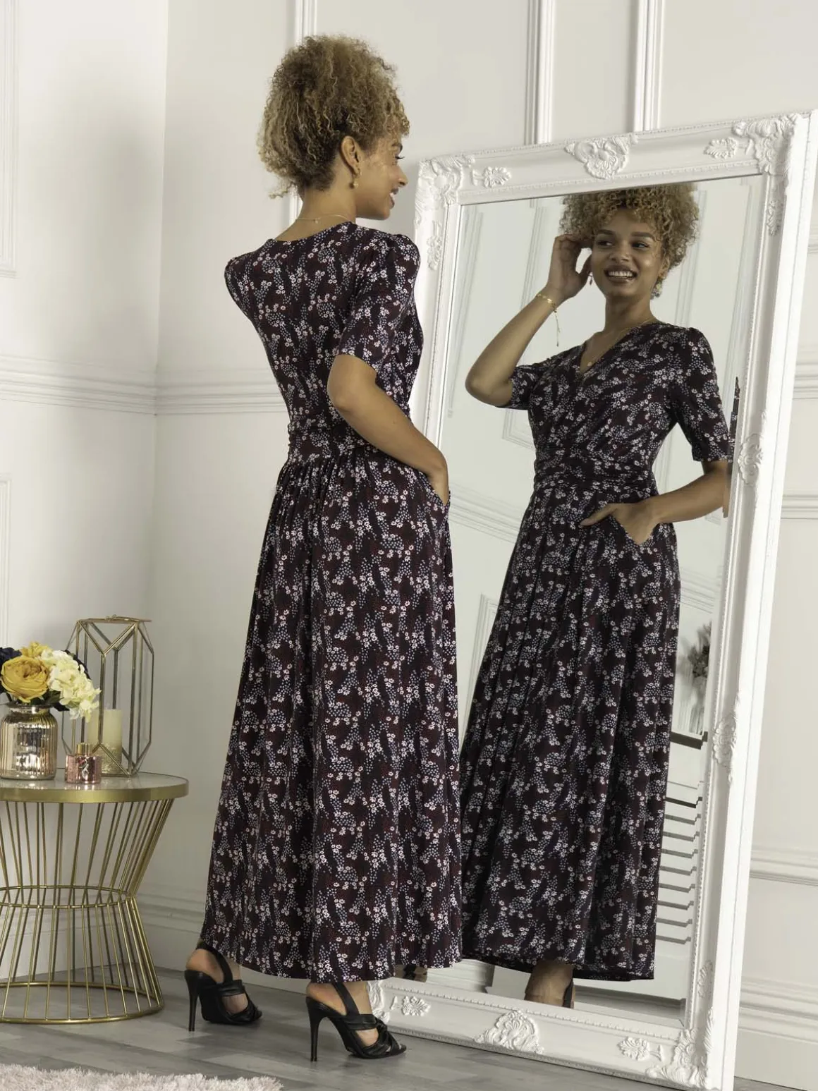 Calais Half Sleeve Maxi Dress, Navy Floral
