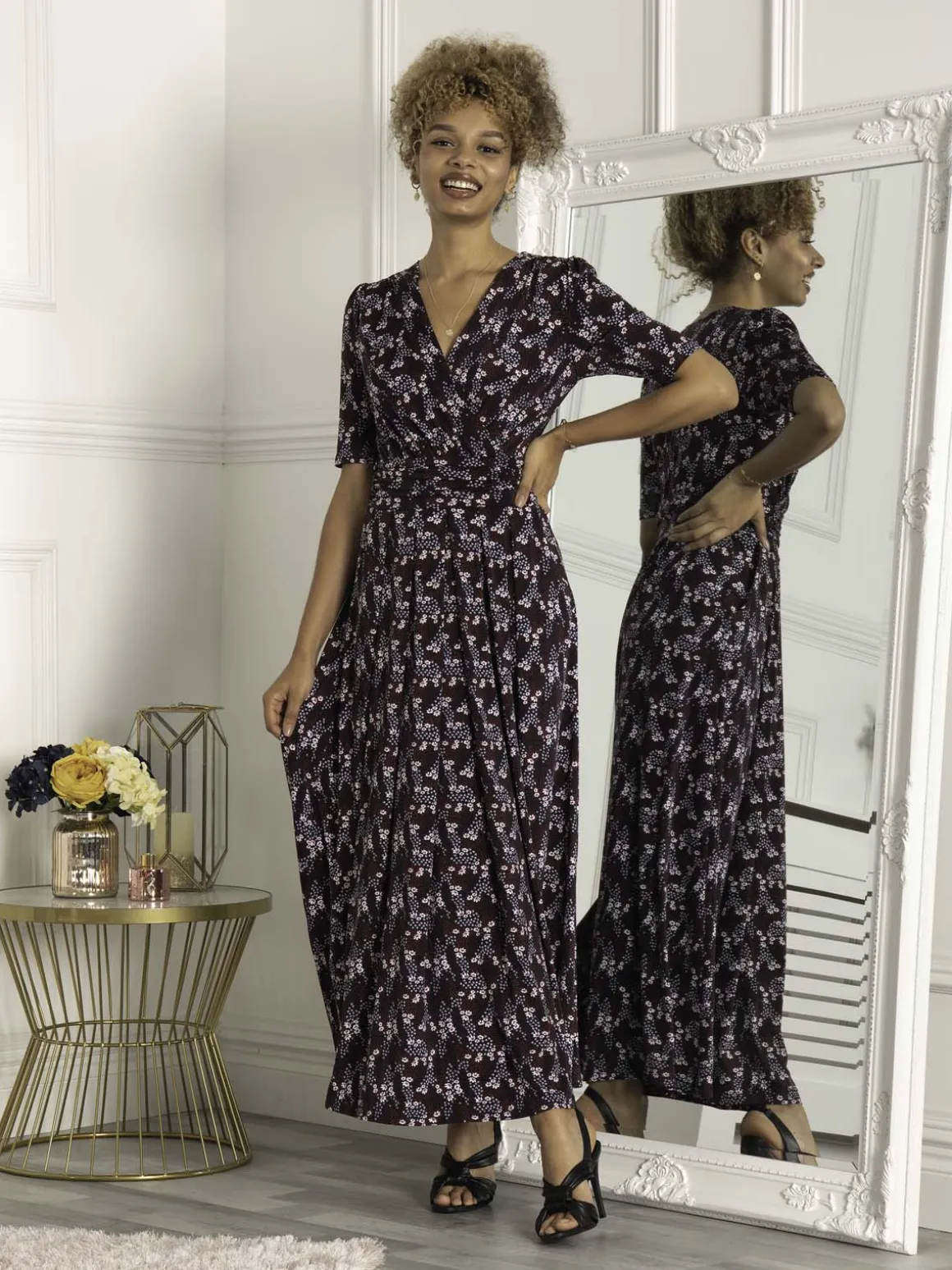 Calais Half Sleeve Maxi Dress, Navy Floral