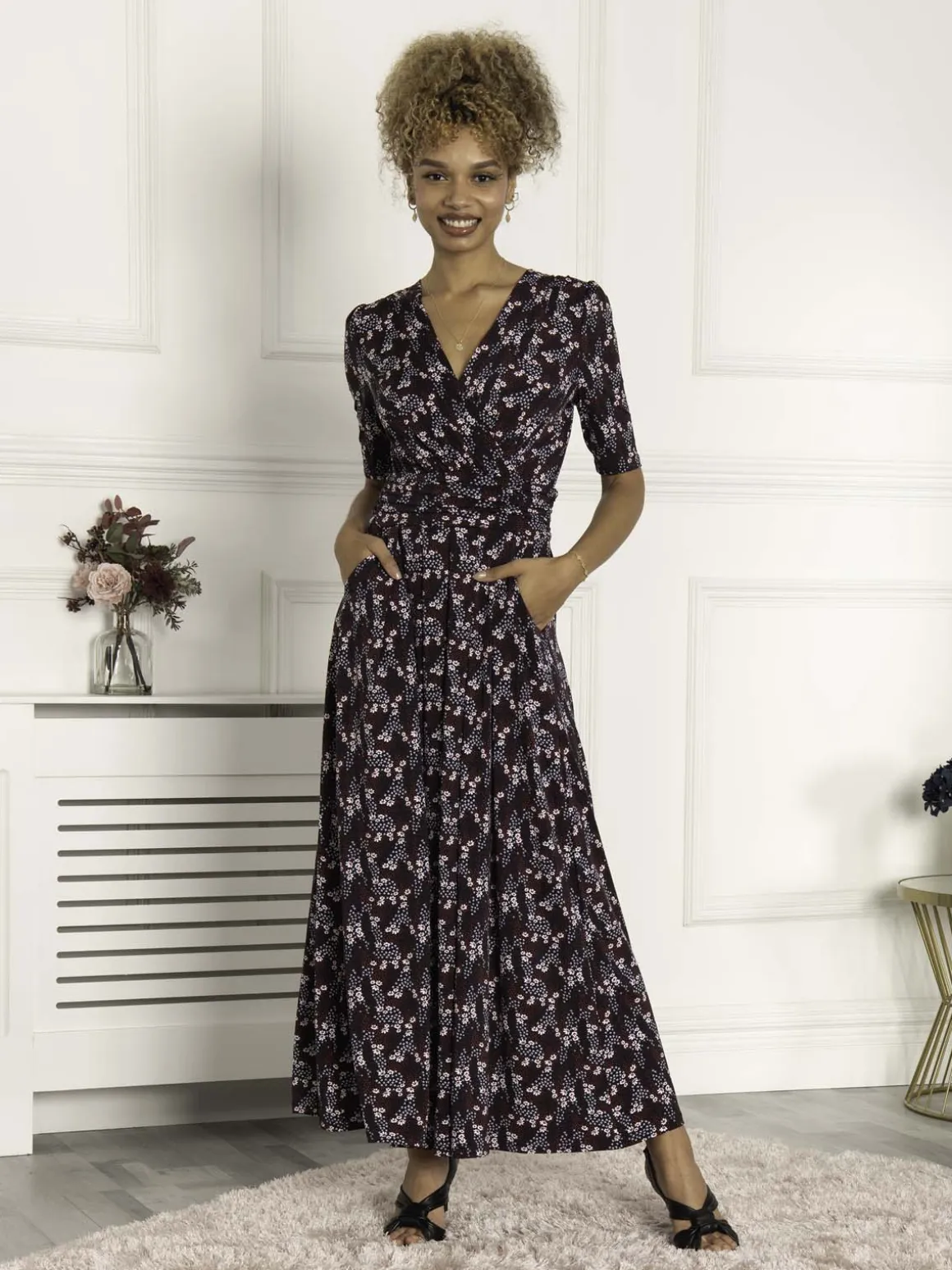Calais Half Sleeve Maxi Dress, Navy Floral