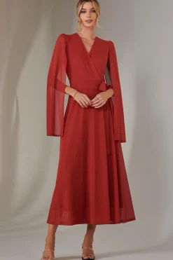 Cape Sleeve Wrap Maxi Dress, Brick Red