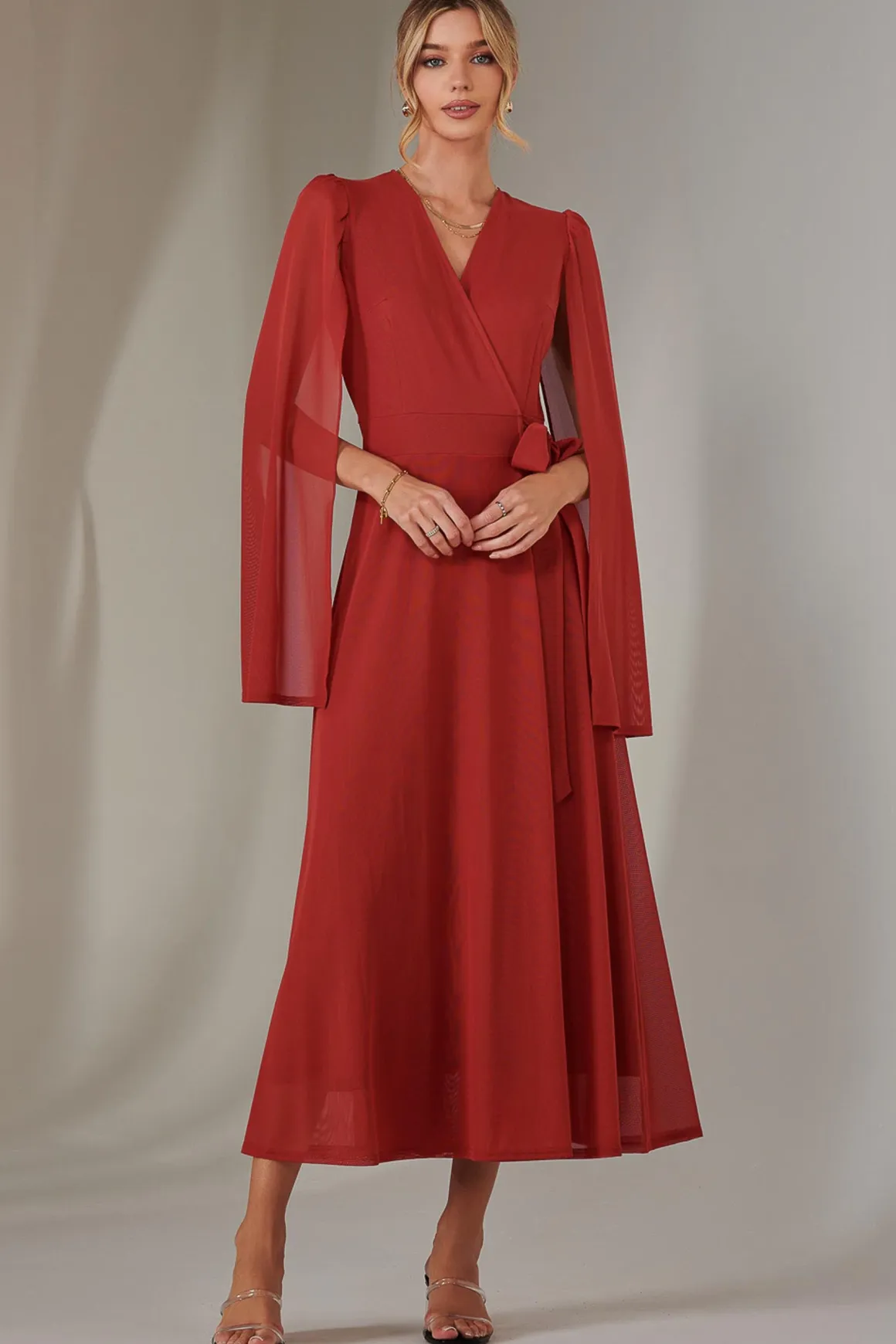 Cape Sleeve Wrap Maxi Dress, Brick Red
