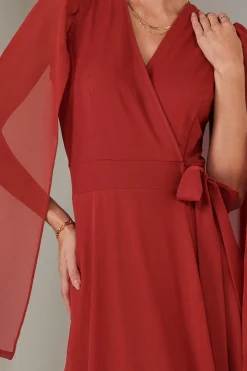 Cape Sleeve Wrap Maxi Dress, Brick Red