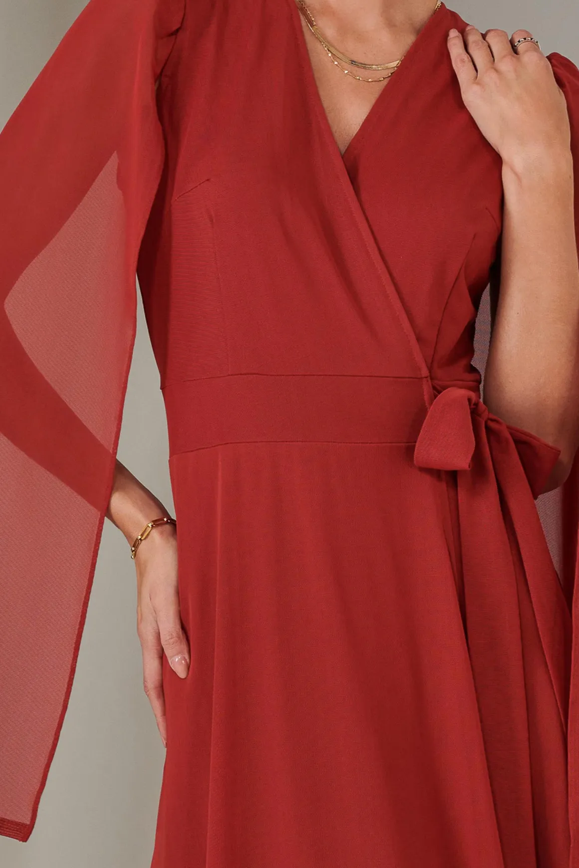 Cape Sleeve Wrap Maxi Dress, Brick Red