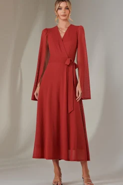 Cape Sleeve Wrap Maxi Dress, Brick Red