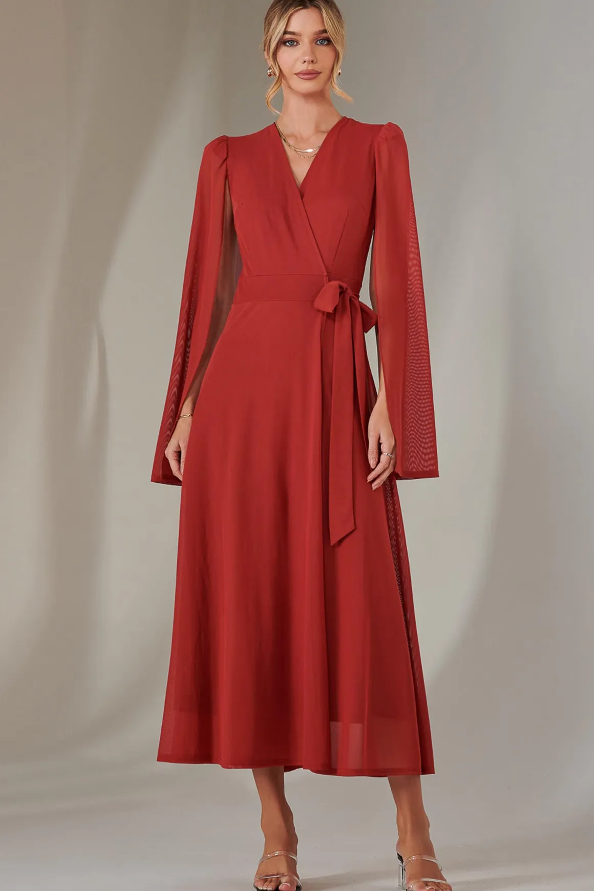 Cape Sleeve Wrap Maxi Dress, Brick Red