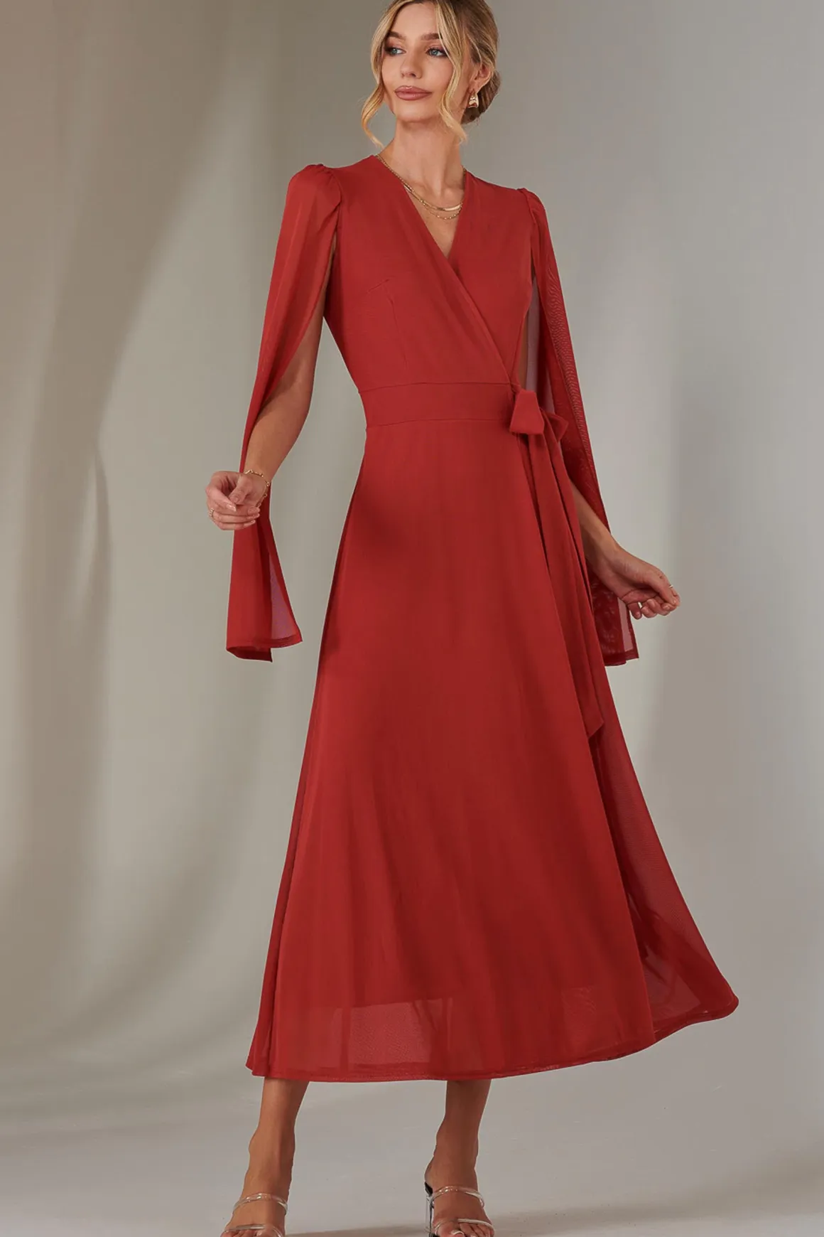 Cape Sleeve Wrap Maxi Dress, Brick Red