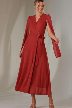 Cape Sleeve Wrap Maxi Dress, Brick Red