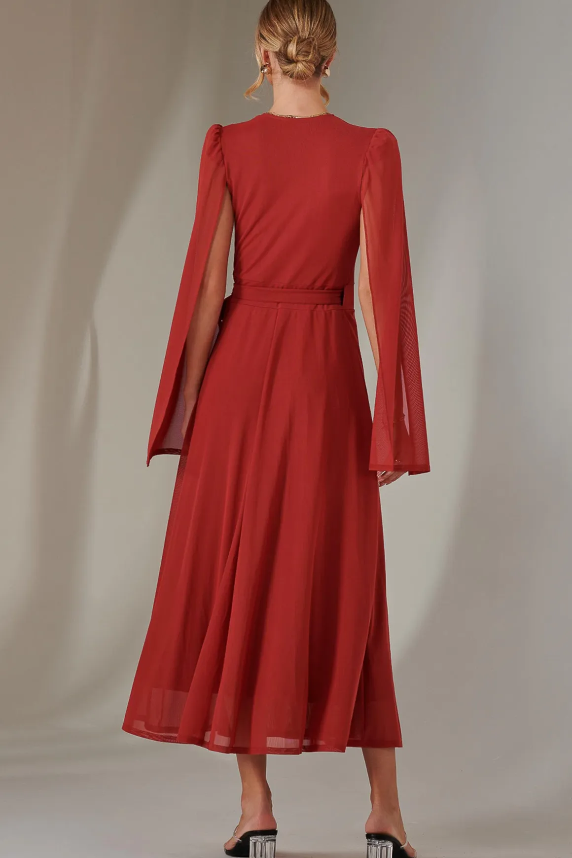 Cape Sleeve Wrap Maxi Dress, Brick Red