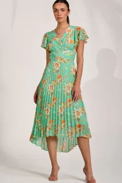 Cap Sleeve Pleated Chiffon Maxi Dress, Green Floral