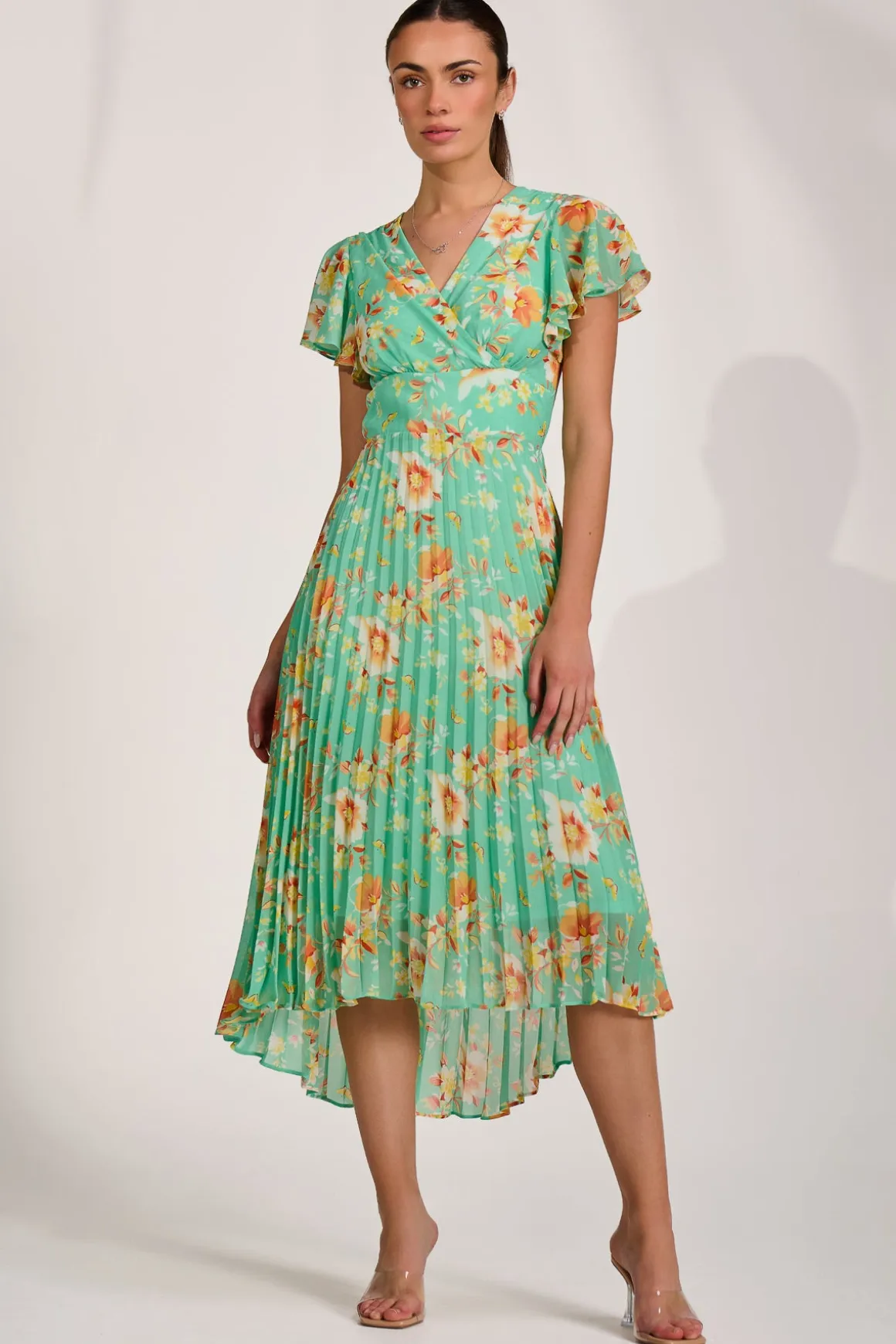 Cap Sleeve Pleated Chiffon Maxi Dress, Green Floral