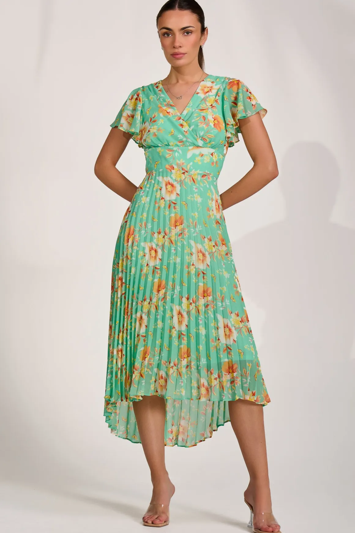 Cap Sleeve Pleated Chiffon Maxi Dress, Green Floral