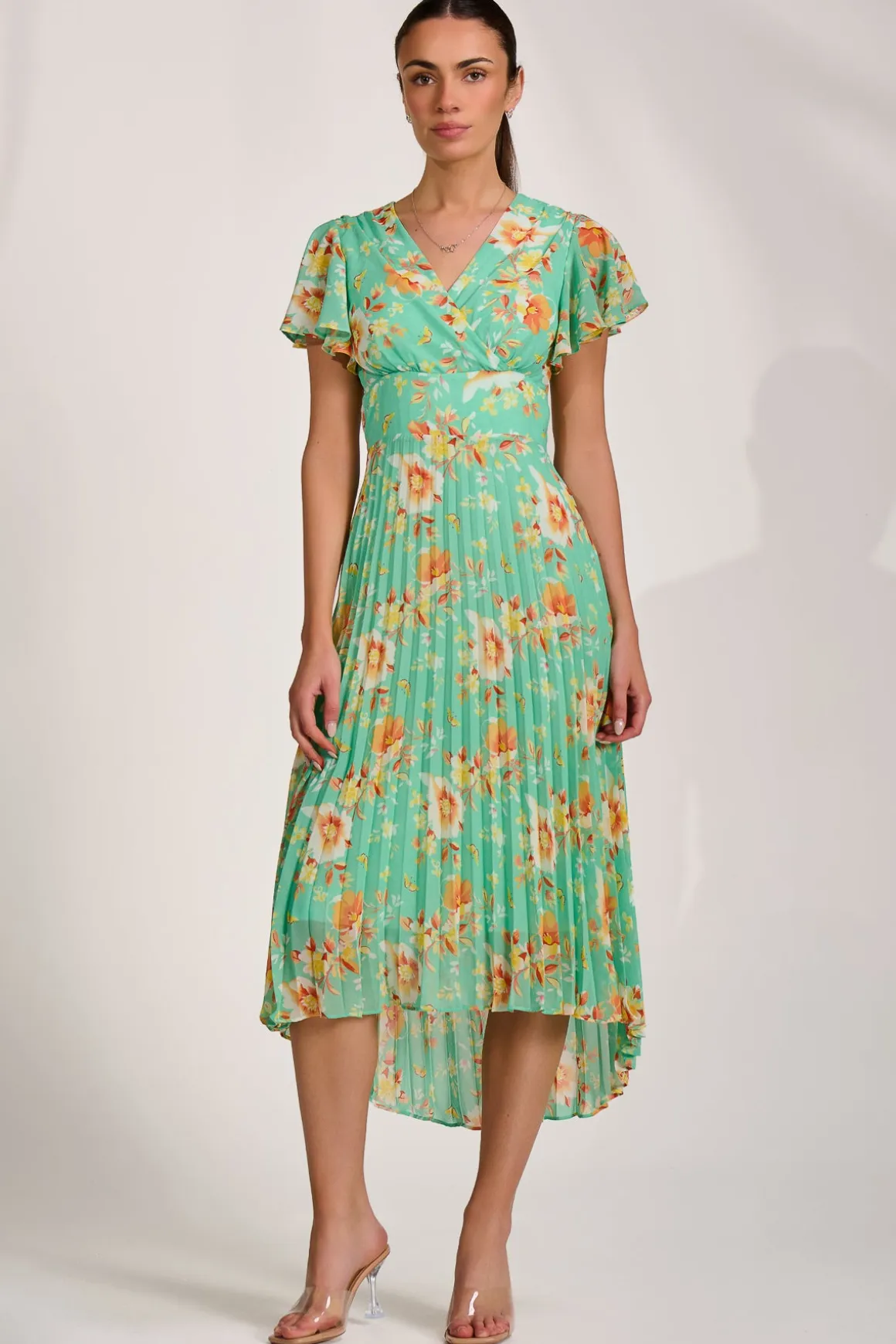 Cap Sleeve Pleated Chiffon Maxi Dress, Green Floral