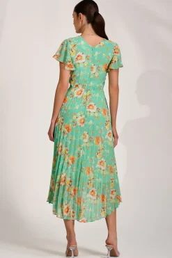 Cap Sleeve Pleated Chiffon Maxi Dress, Green Floral