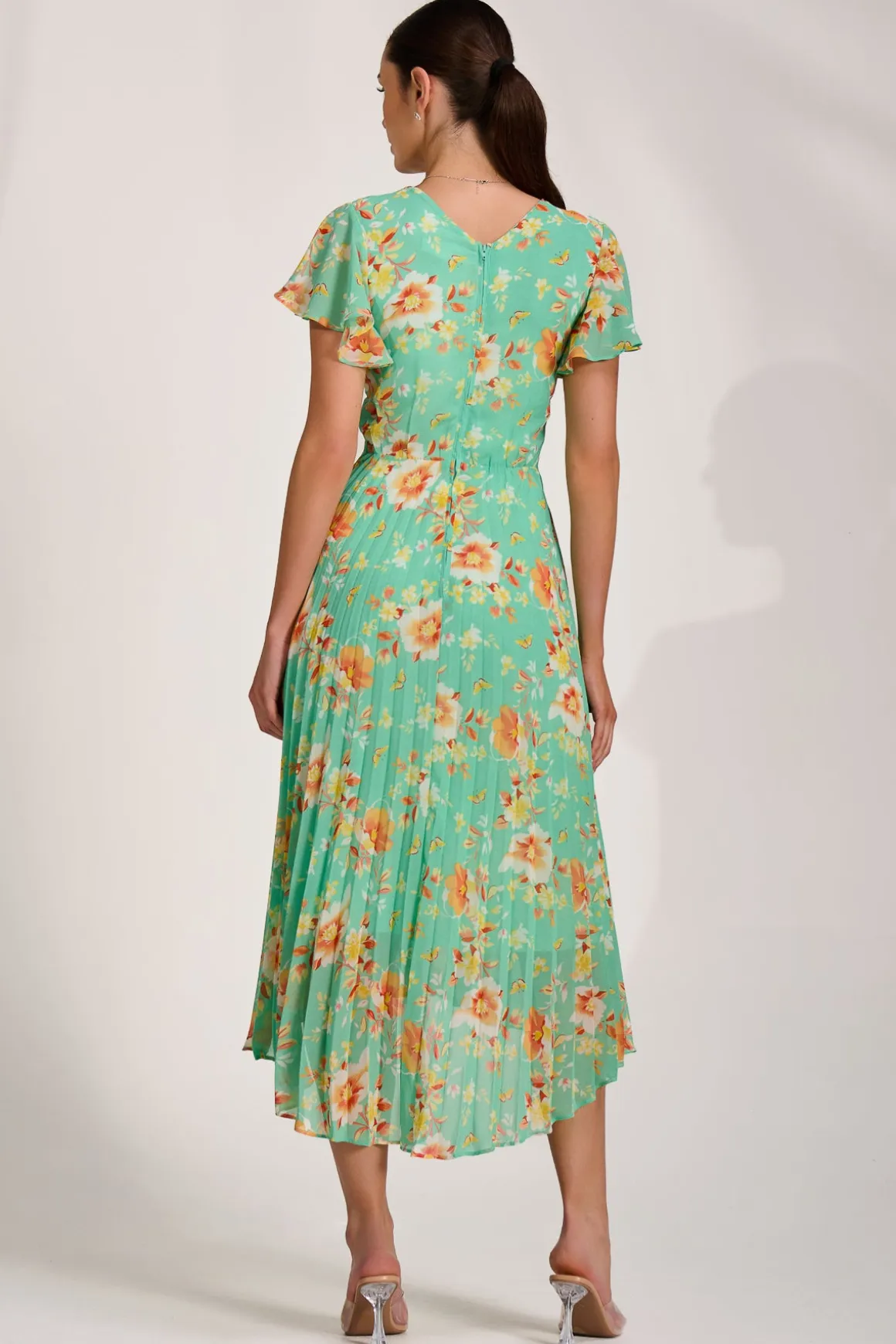 Cap Sleeve Pleated Chiffon Maxi Dress, Green Floral