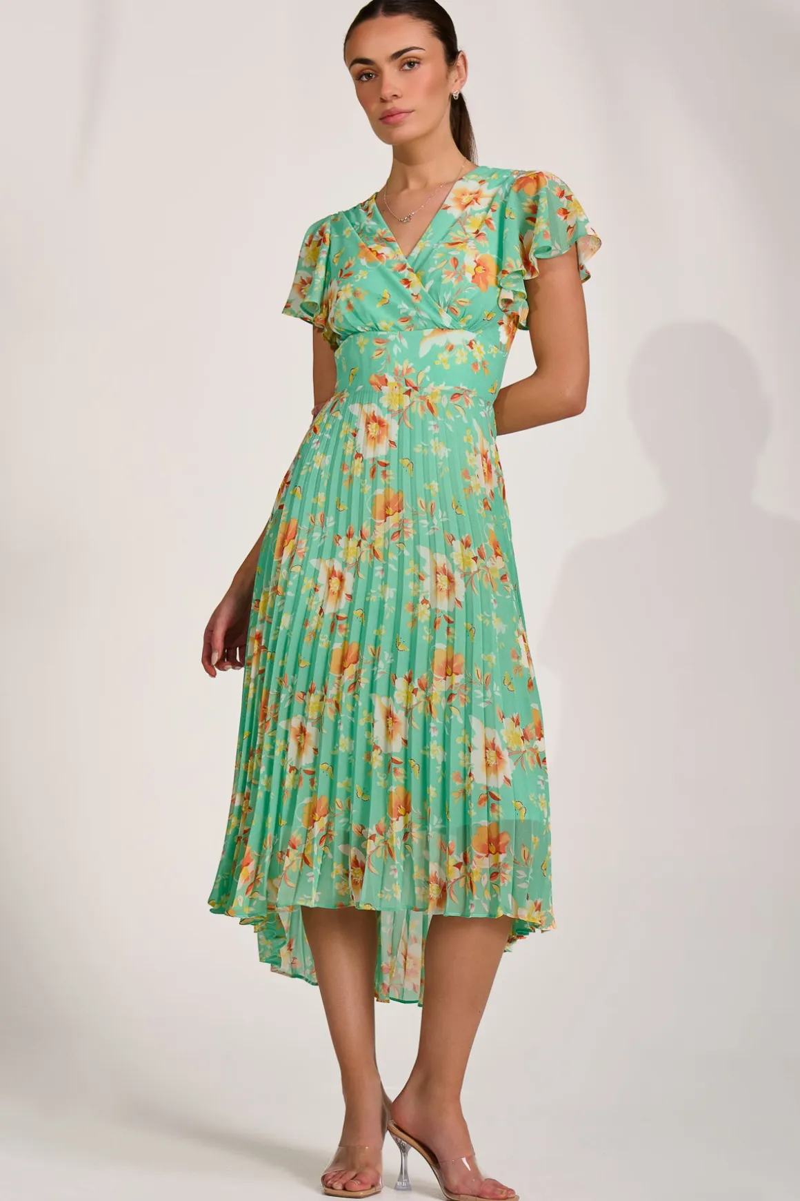 Cap Sleeve Pleated Chiffon Maxi Dress, Green Floral