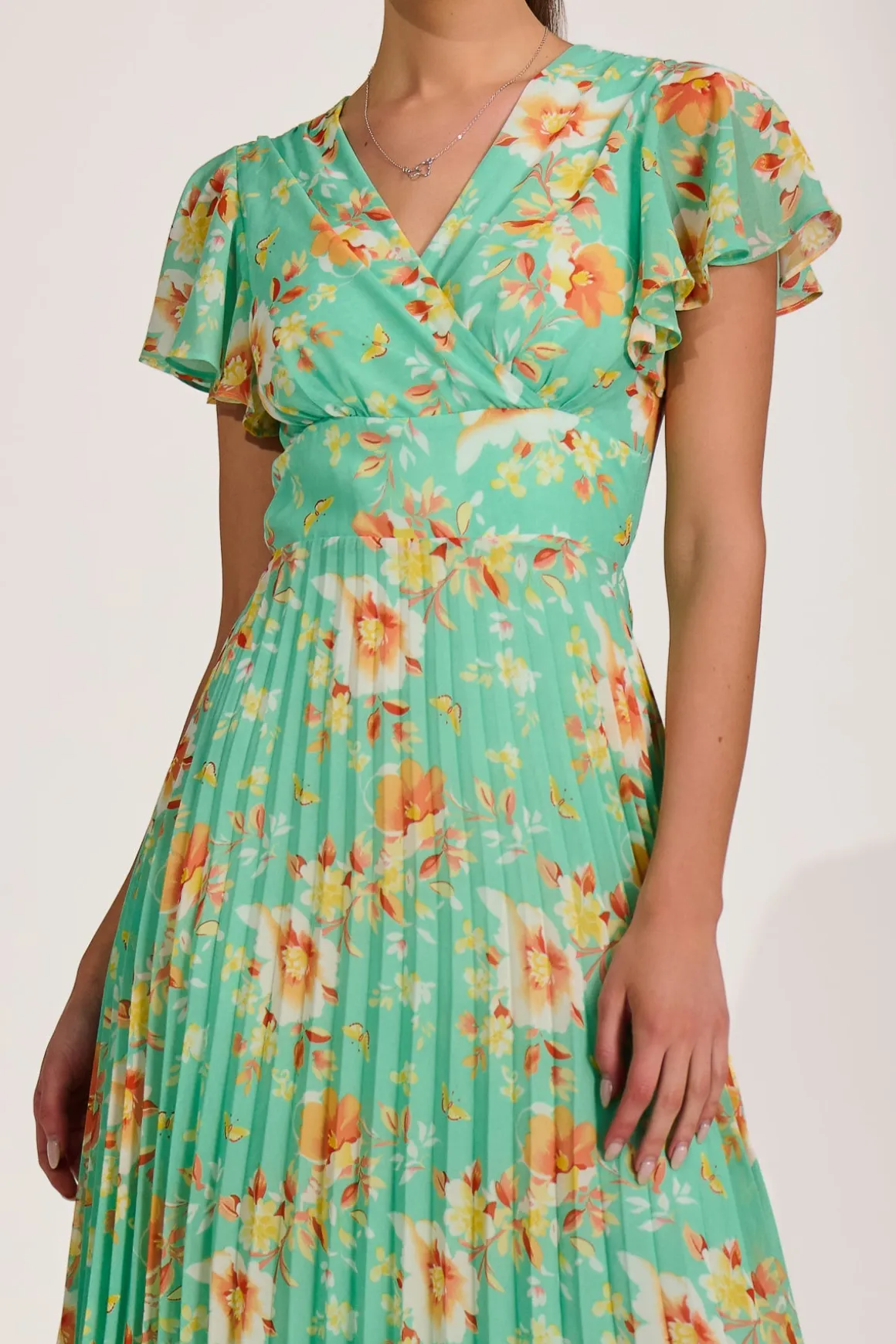 Cap Sleeve Pleated Chiffon Maxi Dress, Green Floral