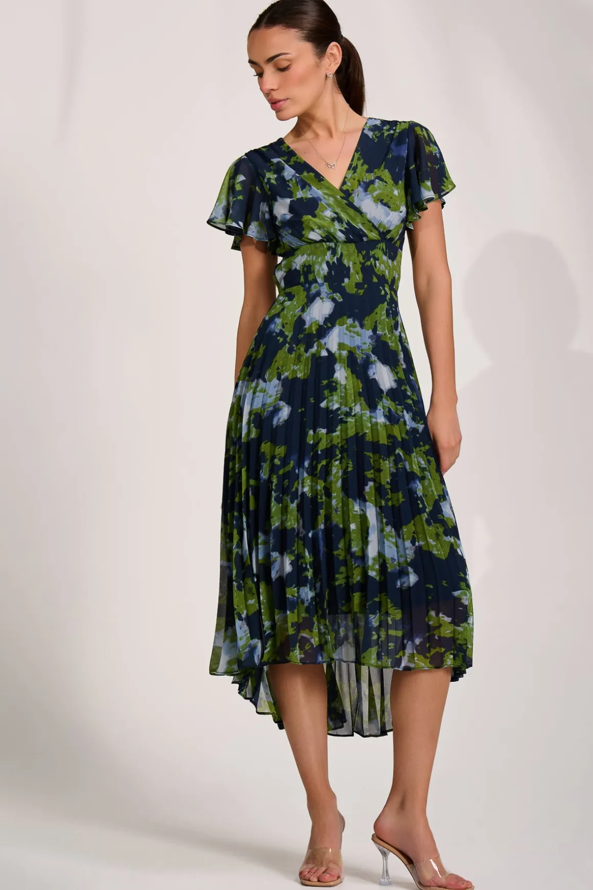 Cap Sleeve Pleated Chiffon Maxi Dress, Navy Abstract