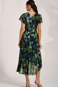Cap Sleeve Pleated Chiffon Maxi Dress, Navy Abstract
