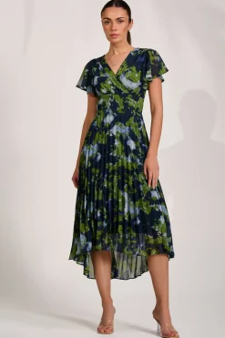 Cap Sleeve Pleated Chiffon Maxi Dress, Navy Abstract
