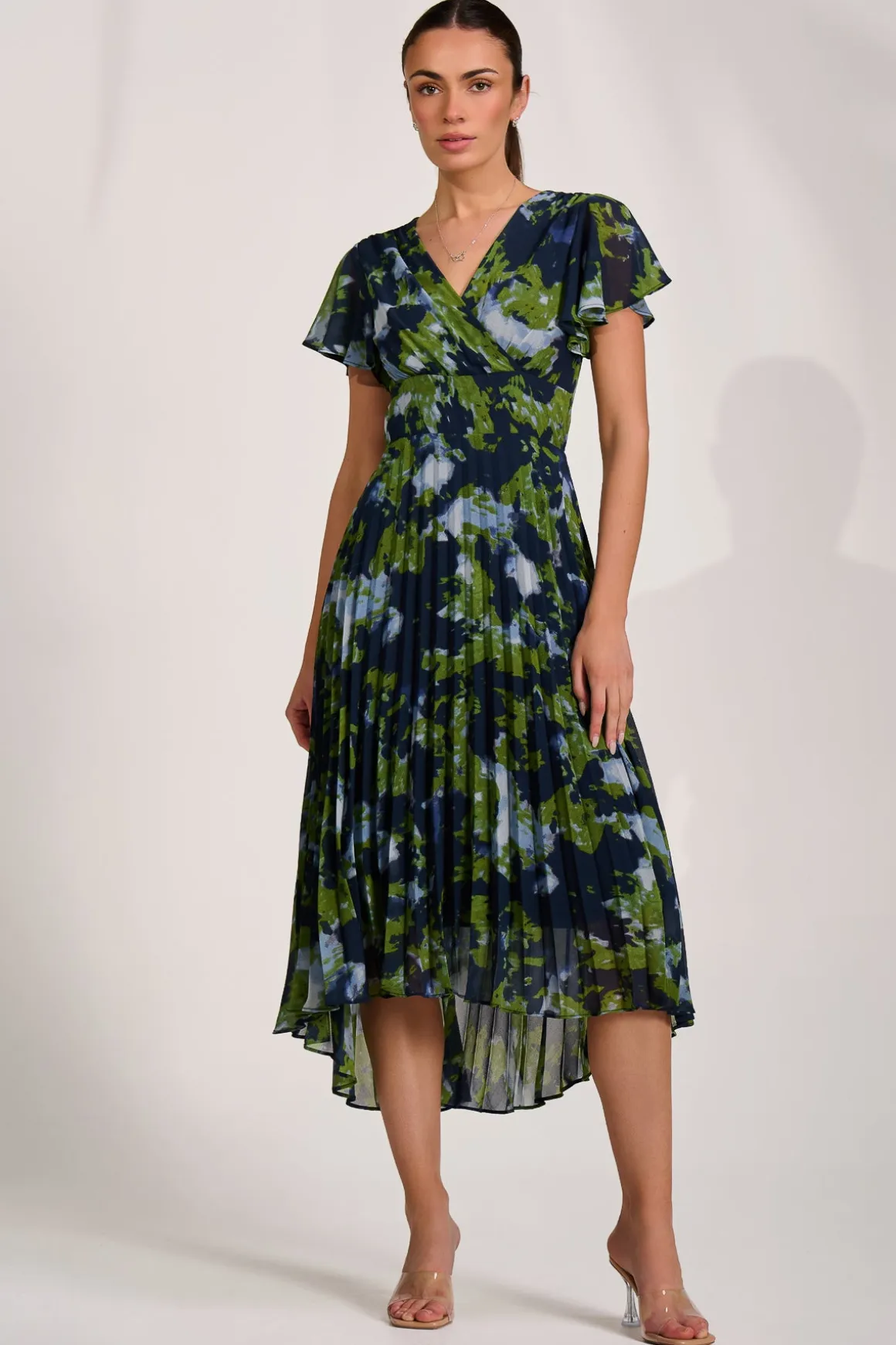 Cap Sleeve Pleated Chiffon Maxi Dress, Navy Abstract
